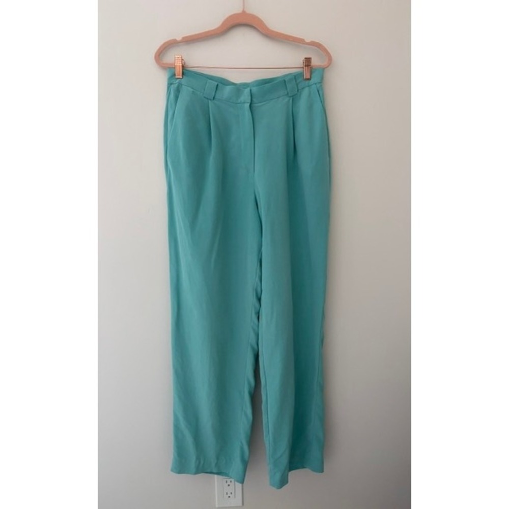 Rena Rowan Womens Turquoise 100% Silk Pleated Wide Leg Trousers Size 12